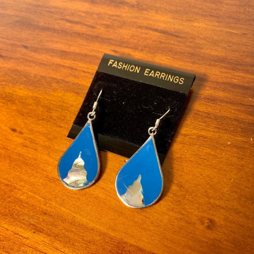 Vintage blue enamel and abalone dangle earrings from Mexico